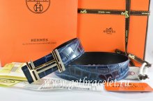 Hermes Reversible Belt Blue/Black Crocodile Stripe Leather With18K Gold H au Carre Buckle