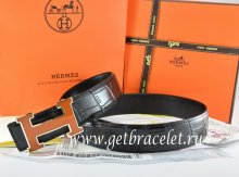 Hermes Reversible Belt Black/Black Crocodile Stripe Leather With18K Orange Gold H Buckle