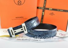 Hermes Reversible Belt Blue/Black Crocodile Stripe Leather With18K White Gold With Logo H Buckle