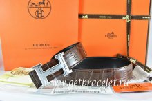 Hermes Reversible Belt Brown/Black Crocodile Stripe Leather With18K Silver Geometric Stripe H Buckle