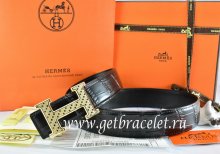 Hermes Reversible Belt Black/Black Crocodile Stripe Leather With18K Gold Spot Stripe H Buckle
