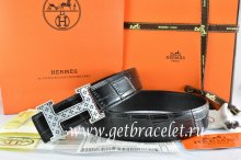 Hermes Reversible Belt Black/Black Crocodile Stripe Leather With18K Silver Spot Stripe H Buckle