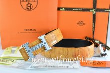 Hermes Reversible Belt Orange/Black Crocodile Stripe Leather With18K Silver Weave Stripe H Buckle