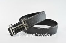 Hermes Reversible Belt Black/Black H au Carre Togo Calfskin With 18k Silver Buckle