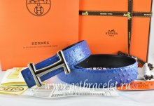 Hermes Reversible Belt Blue/Black Ostrich Stripe Leather With 18K Black Gold Idem Buckle