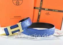 Hermes Reversible Belt Blue/Black Ostrich Stripe Leather With 18K Gold Wave Stripe H Buckle