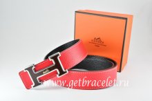 Hermes Reversible Belt Red/Black Togo Calfskin With 18k Black Silver Logo H Buckle
