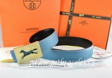 Hermes Reversible Belt Blue/Black Togo Calfskin With 18k Hollow Horse Gold Buckle
