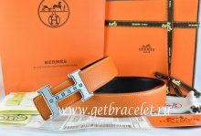 Hermes Reversible Belt Orange/Black Togo Calfskin With 18k Silver Weave Stripe H Buckle