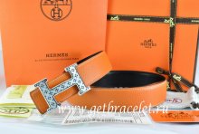 Hermes Reversible Belt Orange/Black Togo Calfskin With 18k Silver Speckle H Buckle