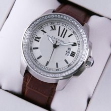 Calibre de Cartier quartz diamond watch for men steel brown leather strap