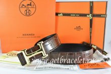 Hermes Reversible Belt Brown/Black Crocodile Stripe Leather With18K Gold Idem With Logo Buckle