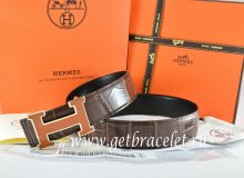Hermes Reversible Belt Brown/Black Crocodile Stripe Leather With18K Orange Gold H Buckle