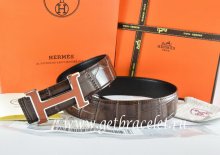 Hermes Reversible Belt Brown/Black Crocodile Stripe Leather With18K Orange Silver H Buckle