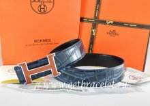 Hermes Reversible Belt Blue/Black Crocodile Stripe Leather With18K Orange Silver H Buckle