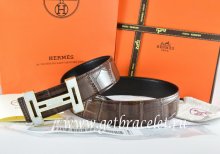 Hermes Reversible Belt Brown/Black Crocodile Stripe Leather With18K Black Gold With Logo H Buckle