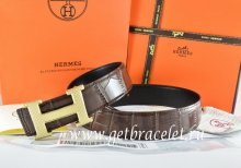 Hermes Reversible Belt Brown/Black Crocodile Stripe Leather With18K Gold Wave Stripe H Buckle