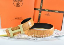 Hermes Reversible Belt Orange/Black Crocodile Stripe Leather With18K Gold Wave Stripe H Buckle