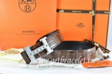 Hermes Reversible Belt Brown/Black Crocodile Stripe Leather With18K Silver Weave Stripe H Buckle
