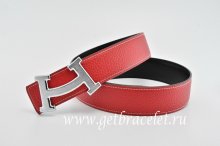 Hermes Reversible Belt Red/Black Fashion H Togo Calfskin With 18k Silver Buckle