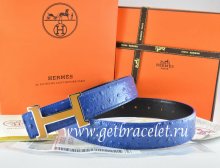 Hermes Reversible Belt Blue/Black Ostrich Stripe Leather With 18K Orange Silver Narrow H Buckle
