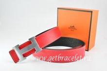 Hermes Reversible Belt Red/Black Togo Calfskin With 18k Silver H Buckle