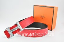 Hermes Reversible Belt Red/Black Togo Calfskin With 18k Silver Weave Stripe H Buckle