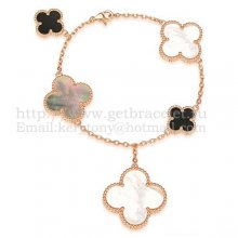 Van Cleef & Arpels Magic Alhambra Bracelet 5 Motifs Pink Gold With White Gray Mother Of Pearl Black Agate