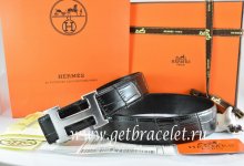 Hermes Reversible Belt Black/Black Crocodile Stripe Leather With18K Drawbench Silver H Buckle