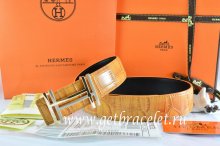 Hermes Reversible Belt Orange/Black Crocodile Stripe Leather With18K Gold H au Carre Buckle