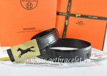 Hermes Reversible Belt Black/Black Crocodile Stripe Leather With18K Gold Hollow Horse Buckle