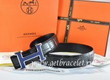 Hermes Reversible Belt Black/Black Crocodile Stripe Leather With18K Silver Width H Buckle