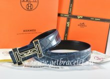 Hermes Reversible Belt Blue/Black Crocodile Stripe Leather With18K Black Gold With Logo H Buckle