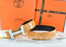 Hermes Reversible Belt Orange/Black Crocodile Stripe Leather With18K White Silver Narrow H Buckle