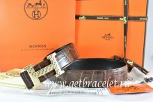 Hermes Reversible Belt Brown/Black Crocodile Stripe Leather With18K Gold Spot Stripe H Buckle