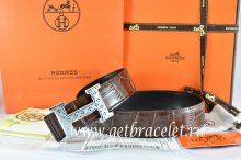 Hermes Reversible Belt Brown/Black Crocodile Stripe Leather With18K Silver Spot Stripe H Buckle