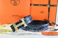 Hermes Reversible Belt Blue/Black Crocodile Stripe Leather With18K Gold Geometric Stripe H Buckle