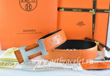 Hermes Reversible Belt Orange/Black Ostrich Stripe Leather With 18K Silver H Buckle