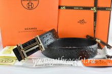 Hermes Reversible Belt Black/Black Ostrich Stripe Leather With 18K Gold H au Carre Buckle