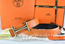 Hermes Reversible Belt Orange/Black Ostrich Stripe Leather With 18K Gold Idem Buckle