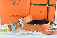 Hermes Reversible Belt Orange/Black Ostrich Stripe Leather With 18K Silver Weave Stripe H Buckle