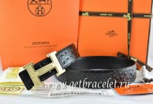Hermes Reversible Belt Black/Black Ostrich Stripe Leather With 18K Gold Bamboo Strip Logo H Buckle