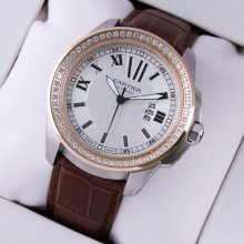Calibre de Cartier quartz diamond watch two-tone pink gold and steel brown leather strap