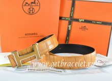 Hermes Reversible Belt Orange/Black Crocodile Stripe Leather With18K Yellow Silver H Buckle