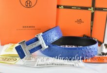 Hermes Reversible Belt Blue/Black Ostrich Stripe Leather With 18K Silver Geometric Stripe H Buckle