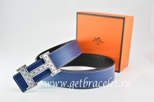 Hermes Reversible Belt Dark Blue/Black Togo Calfskin With 18k Silver Speckle H Buckle