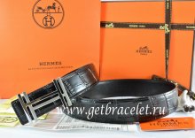 Hermes Reversible Belt Black/Black Crocodile Stripe Leather With18K Silver H au Carre Buckle