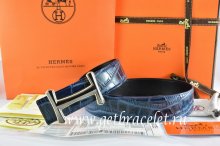 Hermes Reversible Belt Blue/Black Crocodile Stripe Leather With18K Black Gold Idem Buckle