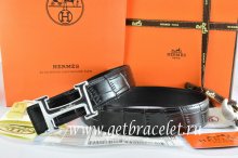 Hermes Reversible Belt Black/Black Crocodile Stripe Leather With18K Silver Idem With Logo Buckle