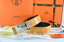 Hermes Reversible Belt Orange/Black Crocodile Stripe Leather With18K Gold Big H Buckle